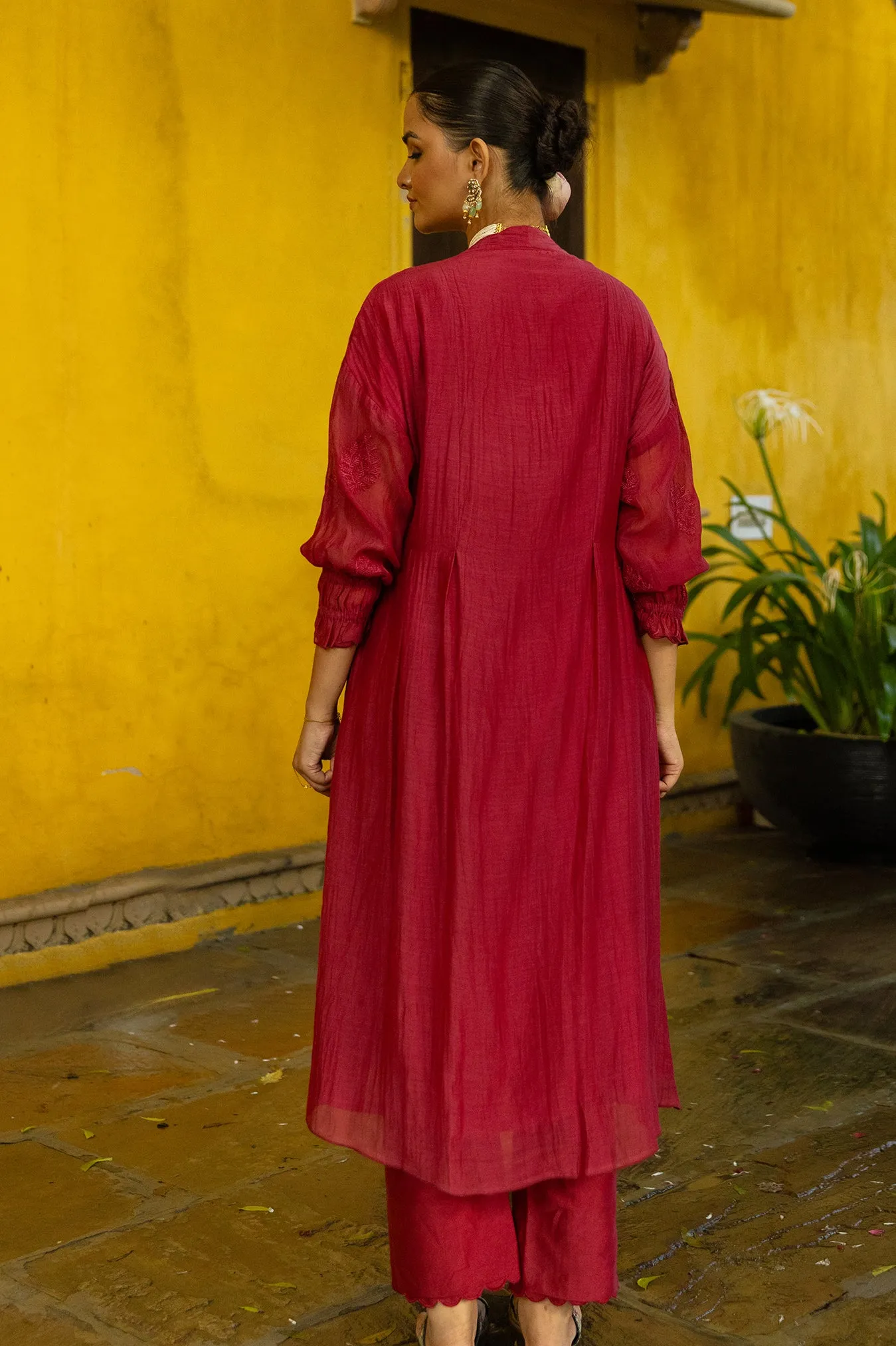 Long Front Open Kurta Dress with Matching Scalloped Pants & Embroidered Sleeves
