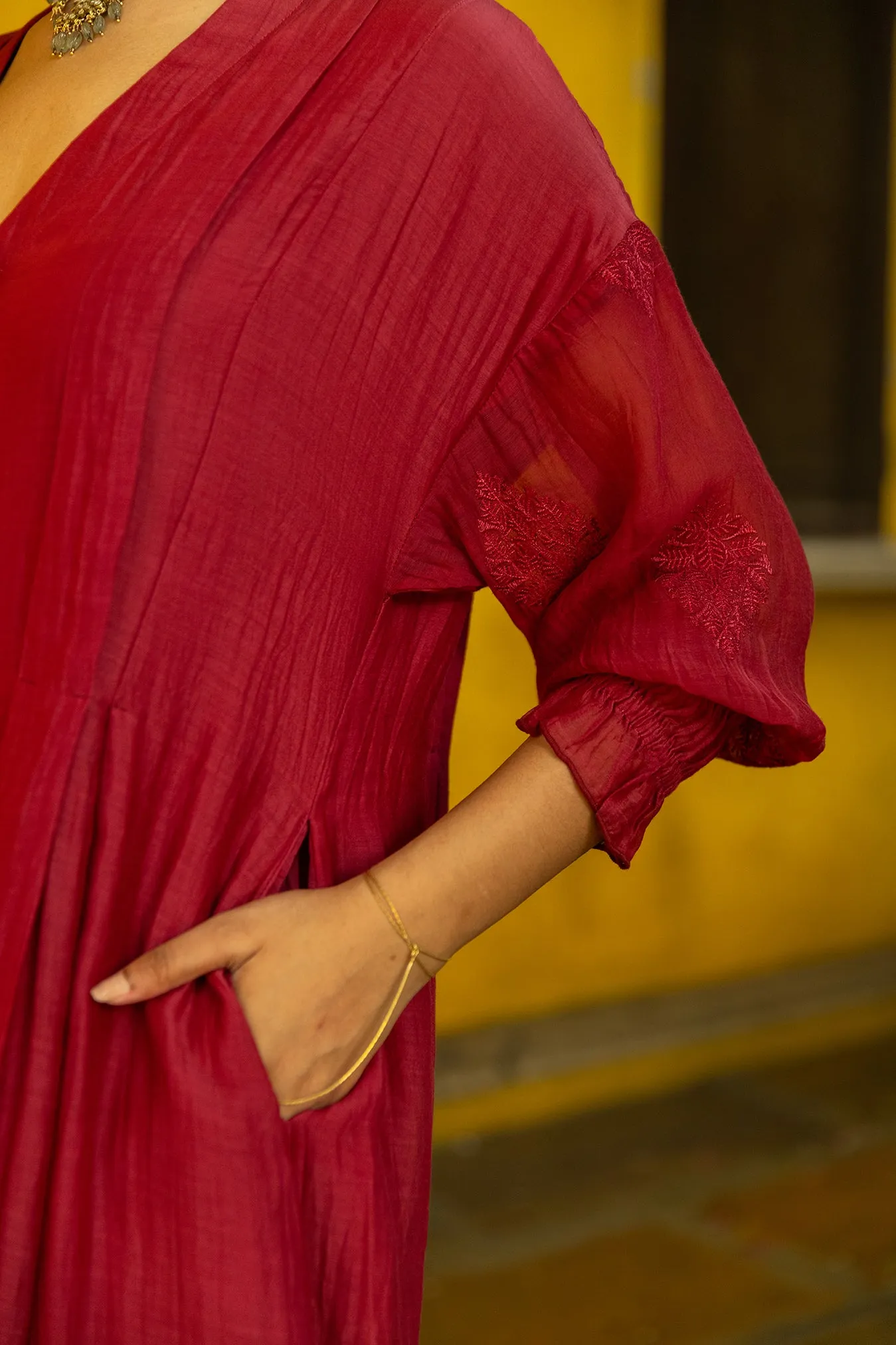 Long Front Open Kurta Dress with Matching Scalloped Pants & Embroidered Sleeves