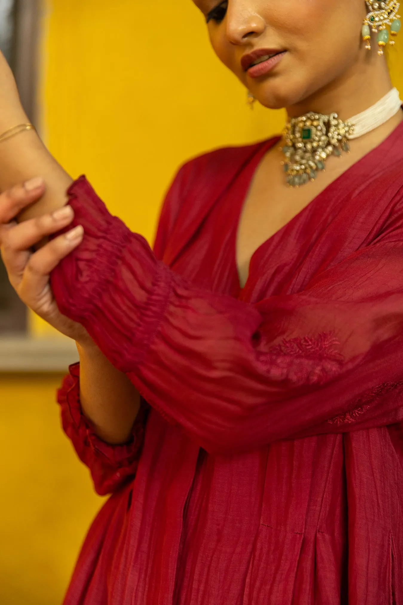 Long Front Open Kurta Dress with Matching Scalloped Pants & Embroidered Sleeves
