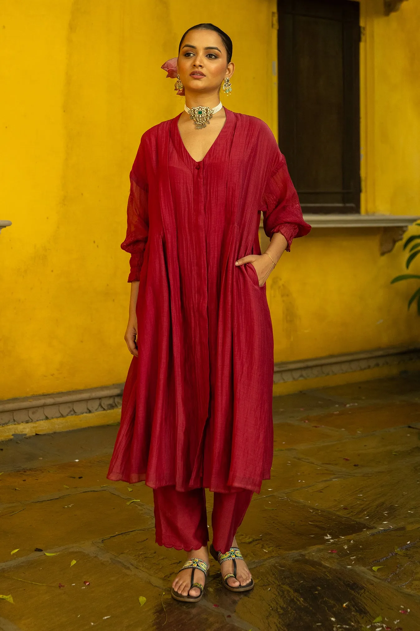 Long Front Open Kurta Dress with Matching Scalloped Pants & Embroidered Sleeves