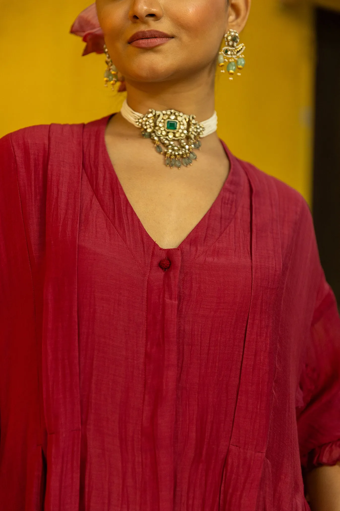 Long Front Open Kurta Dress with Matching Scalloped Pants & Embroidered Sleeves