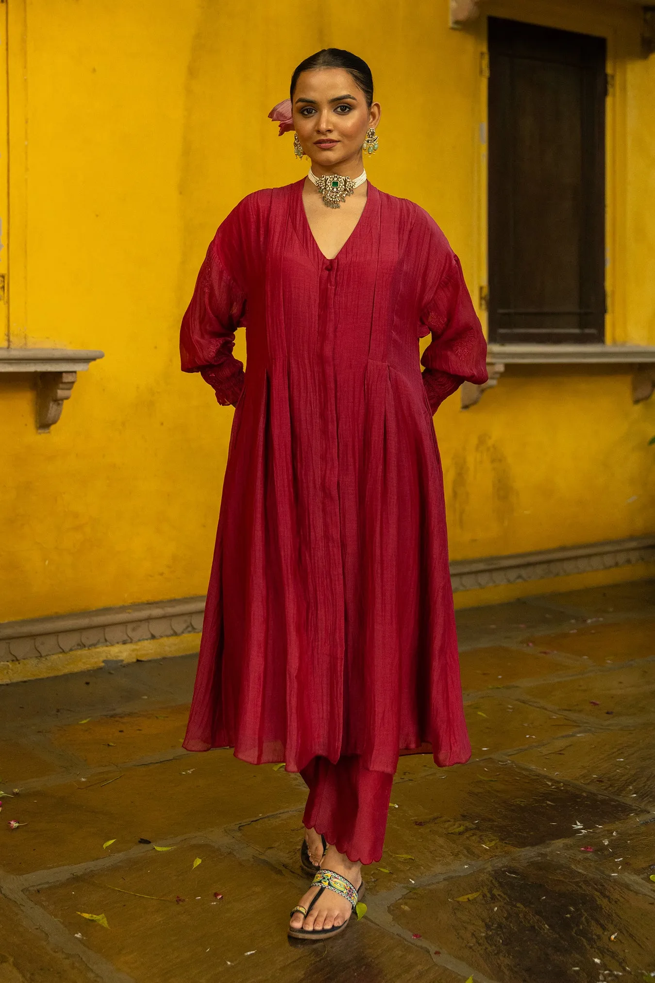 Long Front Open Kurta Dress with Matching Scalloped Pants & Embroidered Sleeves