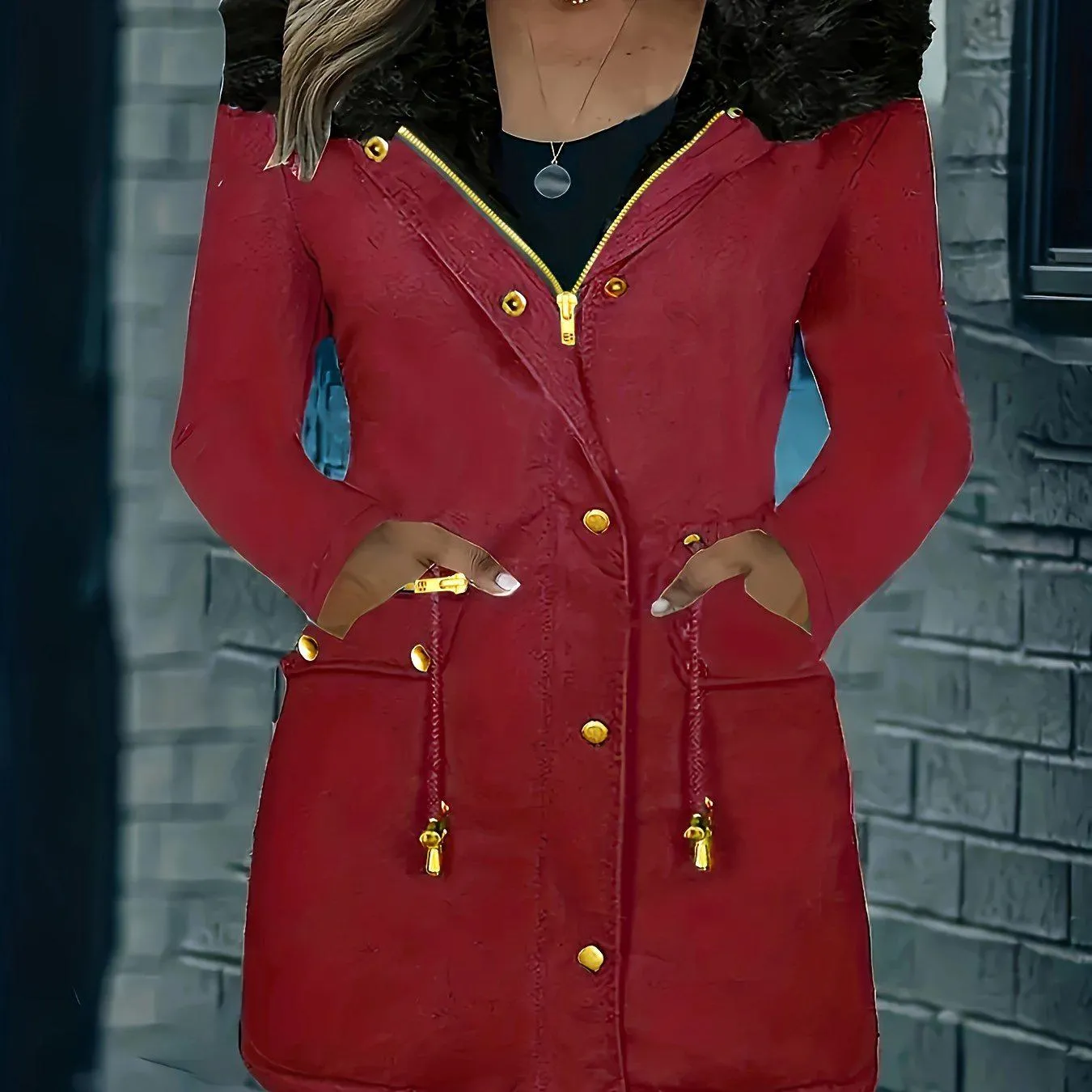 Long Sleeve Hooded Drawstring Winter Coat For Women