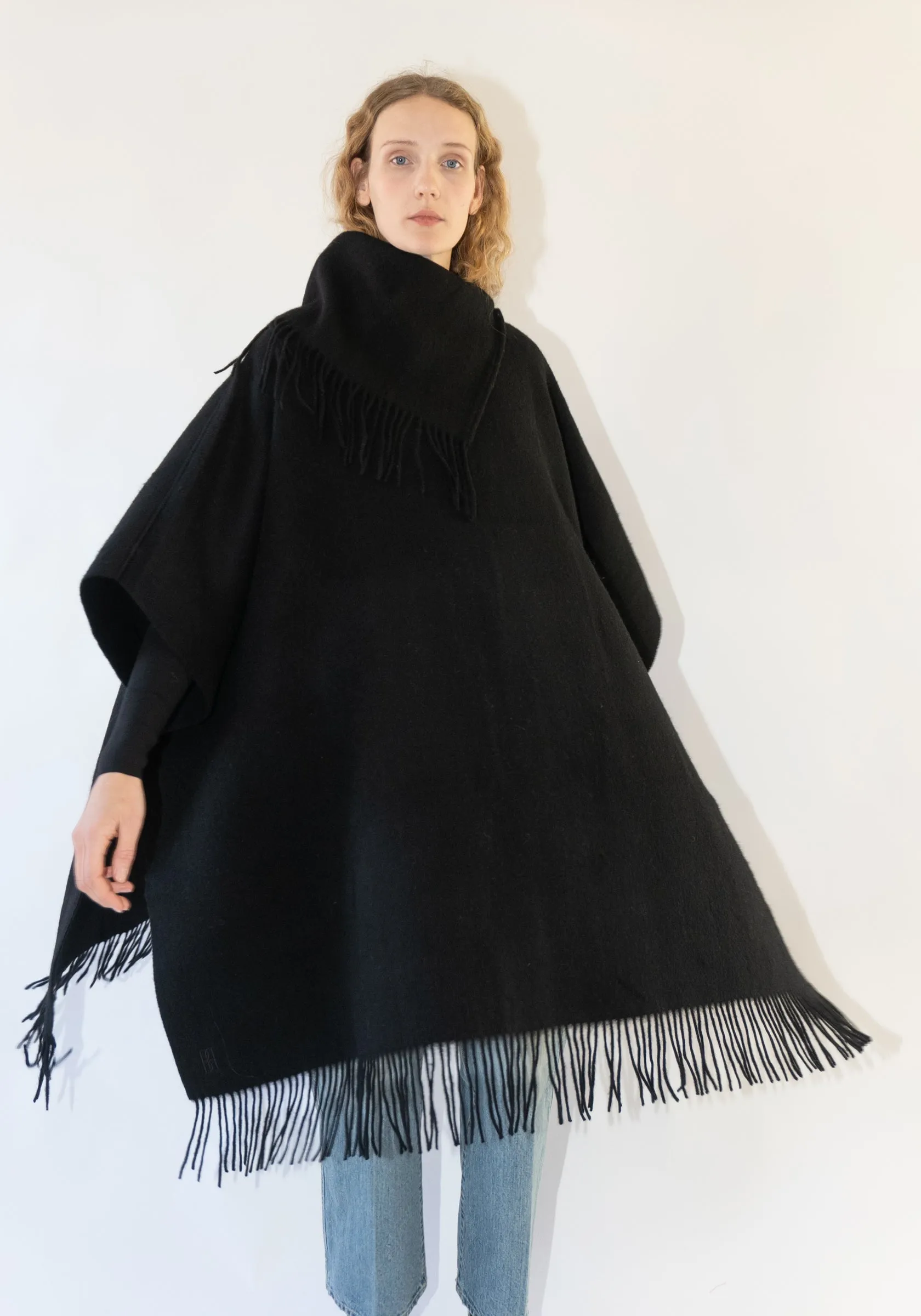 Long Turtlo Fringe Poncho in Black