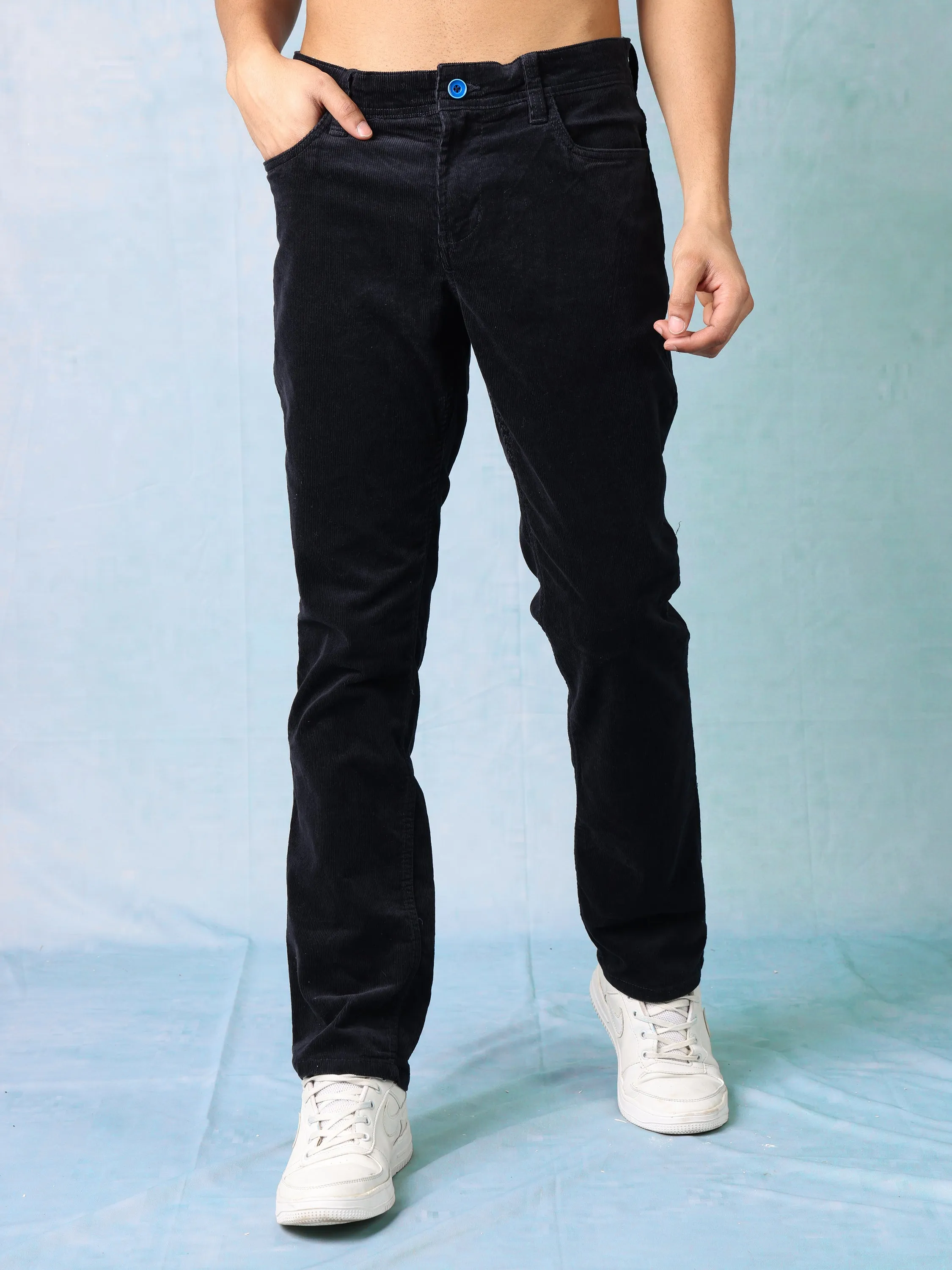 Men Black Straight Fit Corduroy Pants