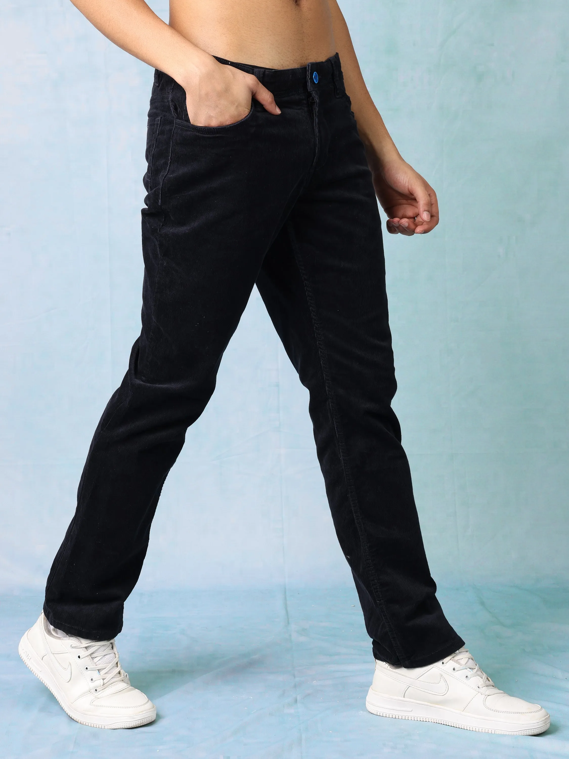 Men Black Straight Fit Corduroy Pants