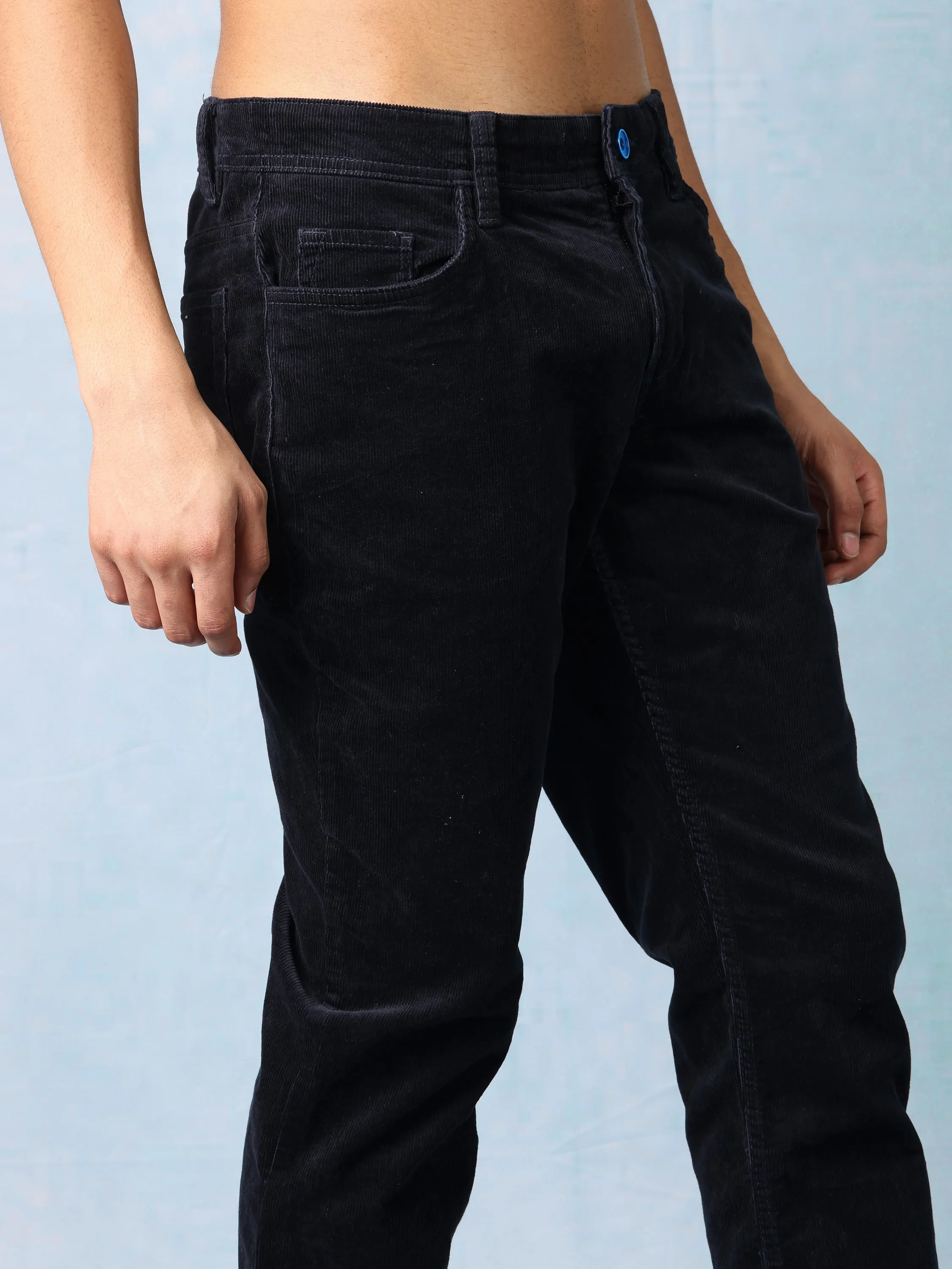Men Black Straight Fit Corduroy Pants