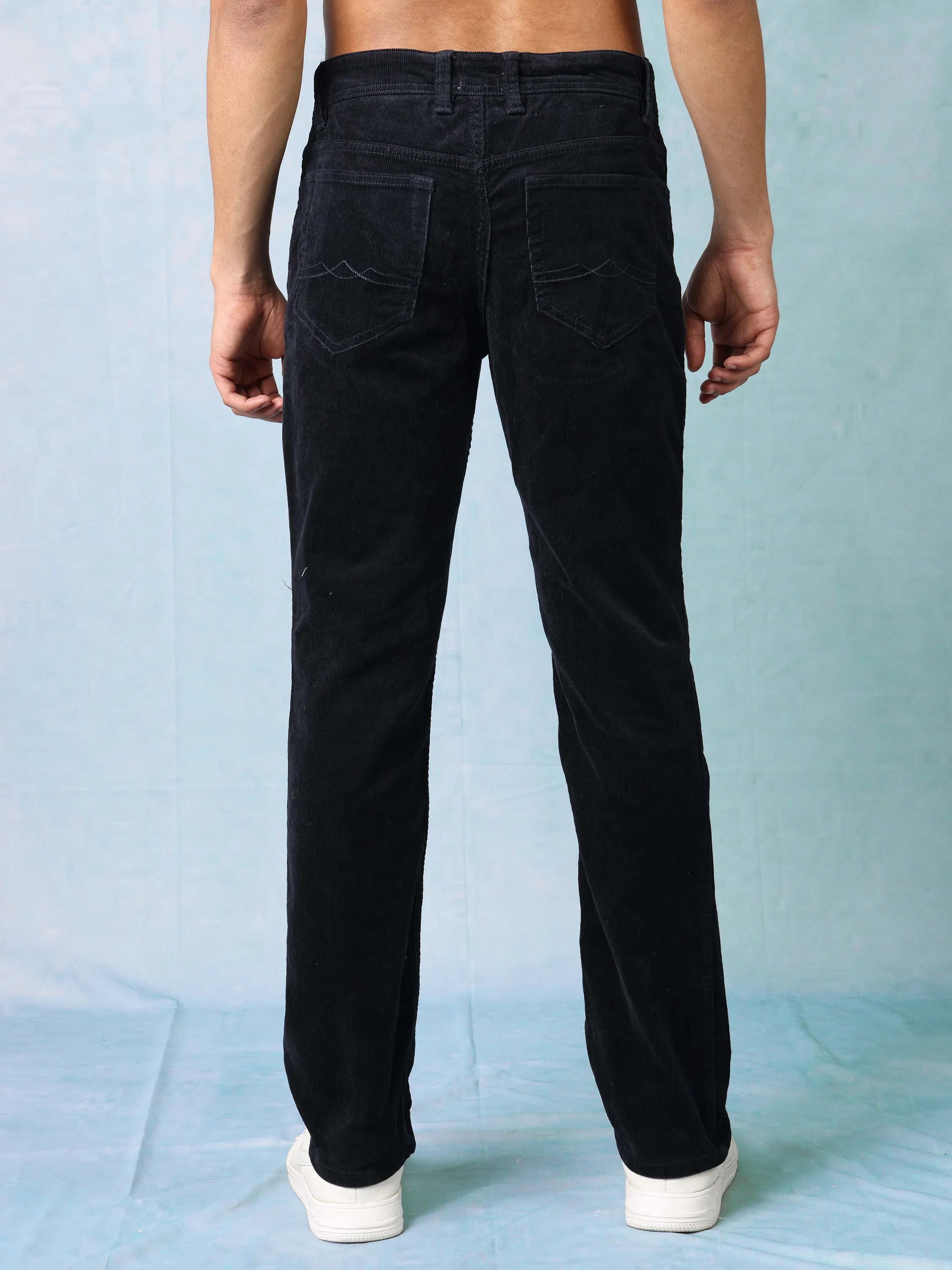 Men Black Straight Fit Corduroy Pants