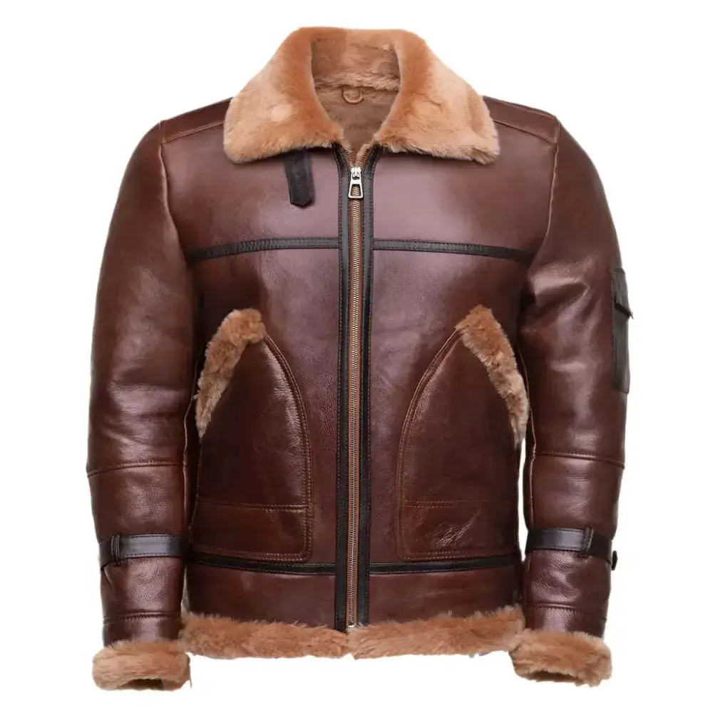 Men's Brown Bomber Sheepskin Shearling Jacket - Warm & Classic