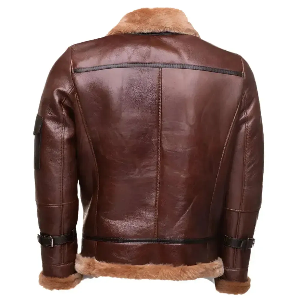 Men's Brown Bomber Sheepskin Shearling Jacket - Warm & Classic