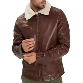 Men's Brown Washed Lambskin Leather Jacket – Faux Fur Collar & Stylish