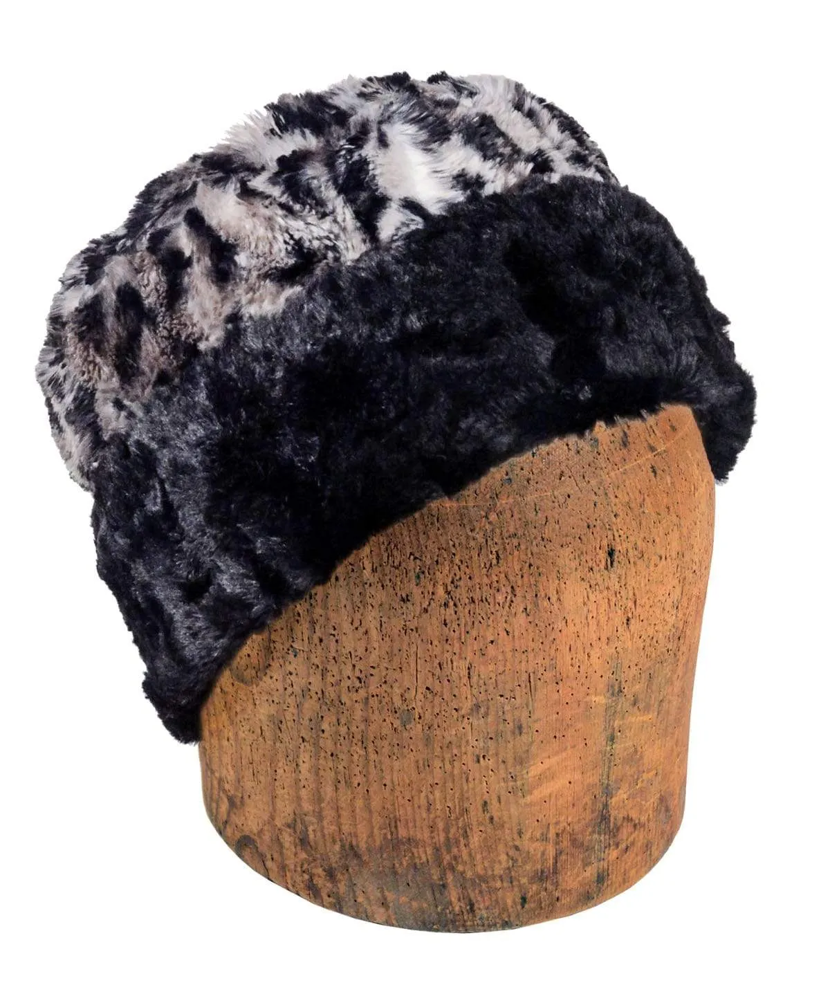 Men's Cuffed Pillbox, Reversible (Solid or Two-Tone) - Luxury Faux Fur Savannah Cat in Gray ( Solid -Med. Sold out)