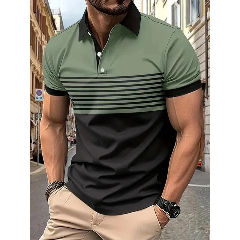 Men's fashion short -sleeved striped stamps Poloshan casual lapel POLO shirt