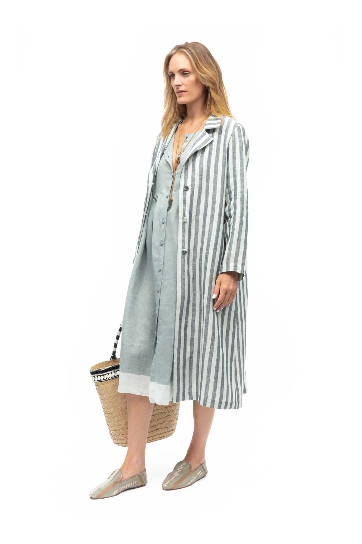 Monaco Stripe Linen Coat - Teal
