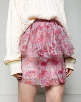 Pink floral pleated peplum high waisted mini skirt