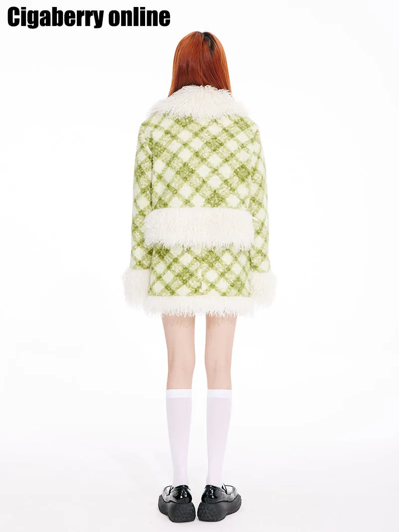 Plaid Fur Collar Set