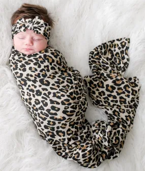 Posh Peanut Lana Leopard Tan Swaddle & Headband Set