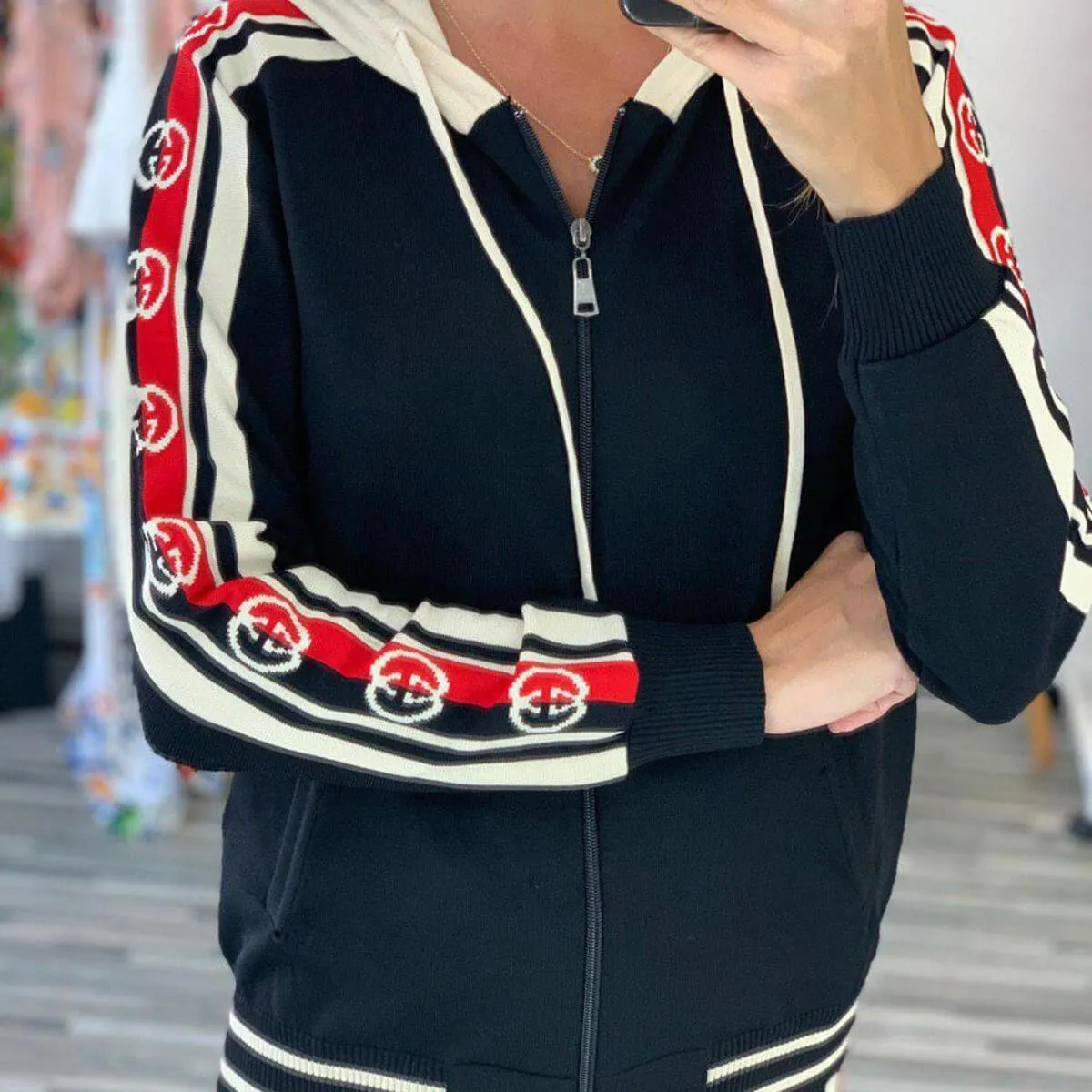 Print Hoodie Skinny Bodycon Long Sleeve Blouse Pants Sets