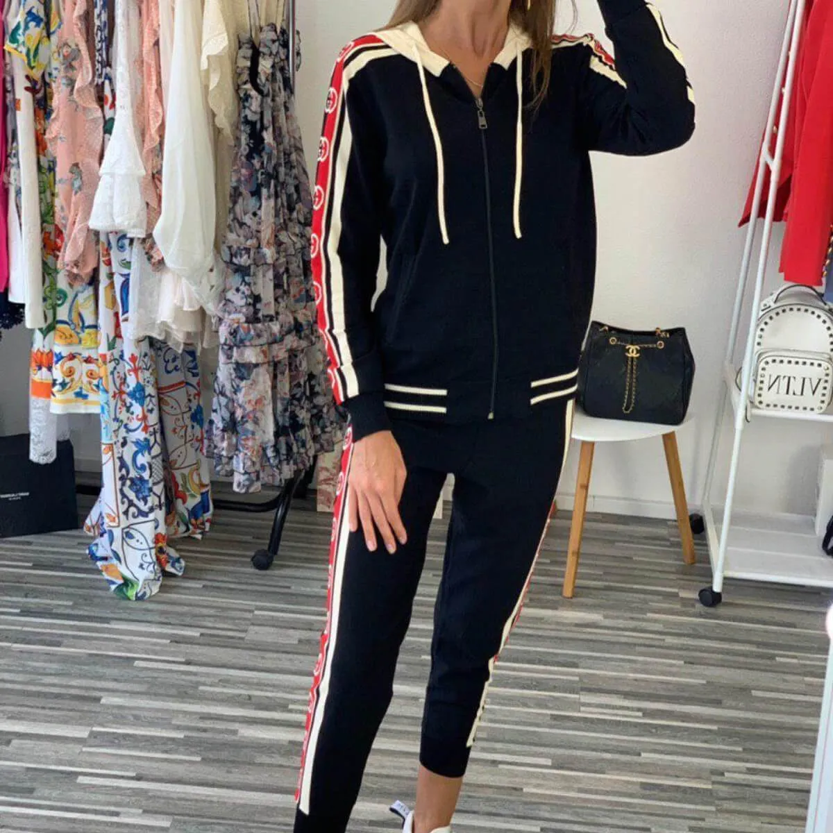 Print Hoodie Skinny Bodycon Long Sleeve Blouse Pants Sets