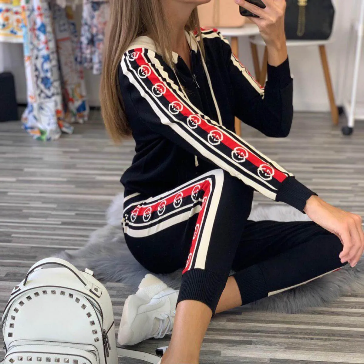 Print Hoodie Skinny Bodycon Long Sleeve Blouse Pants Sets