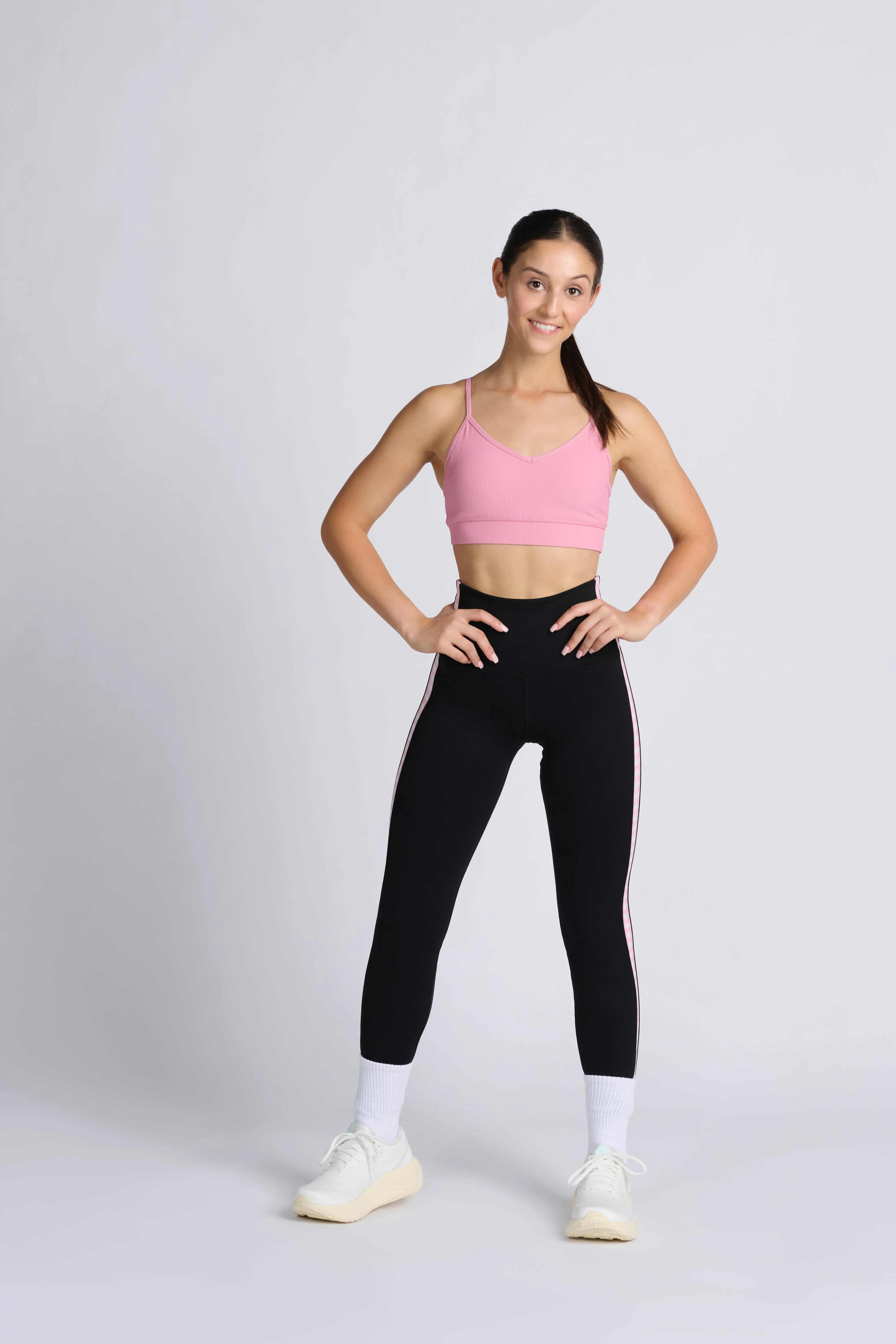 Rayure High Waist Leggings - Black with pink gingham side stripe