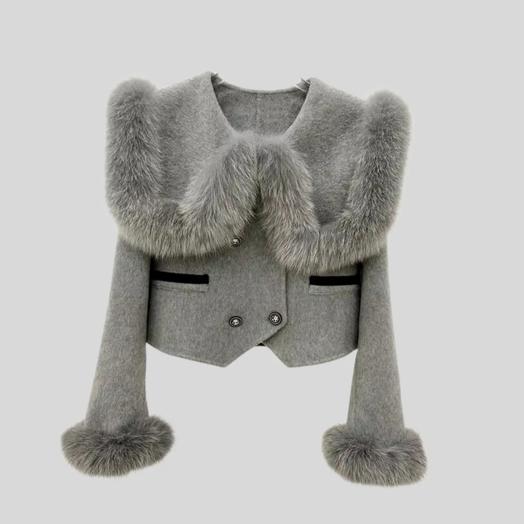 Real Fur Coat with Fox Collar and Cuffs - Gray