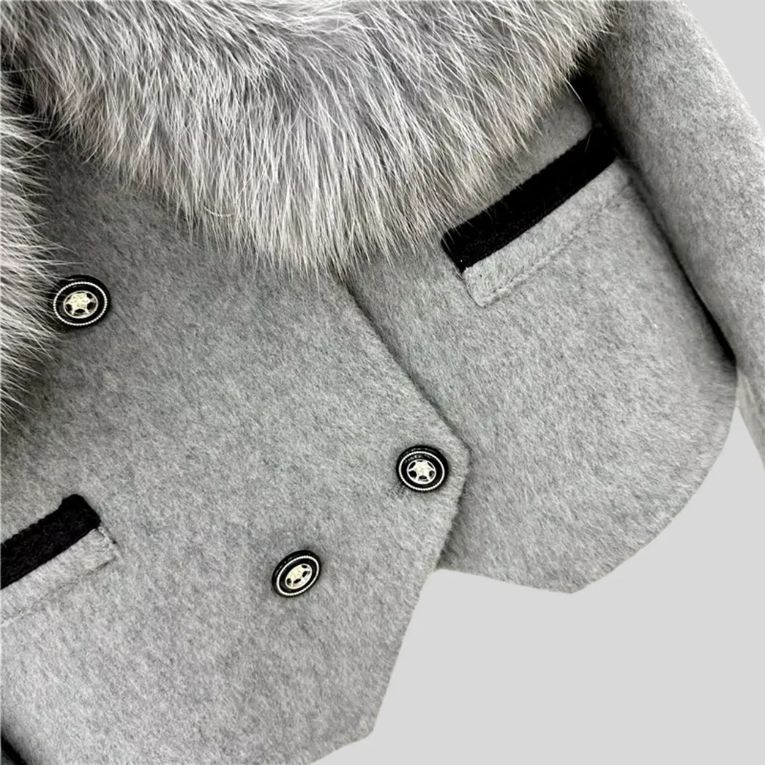 Real Fur Coat with Fox Collar and Cuffs - Gray