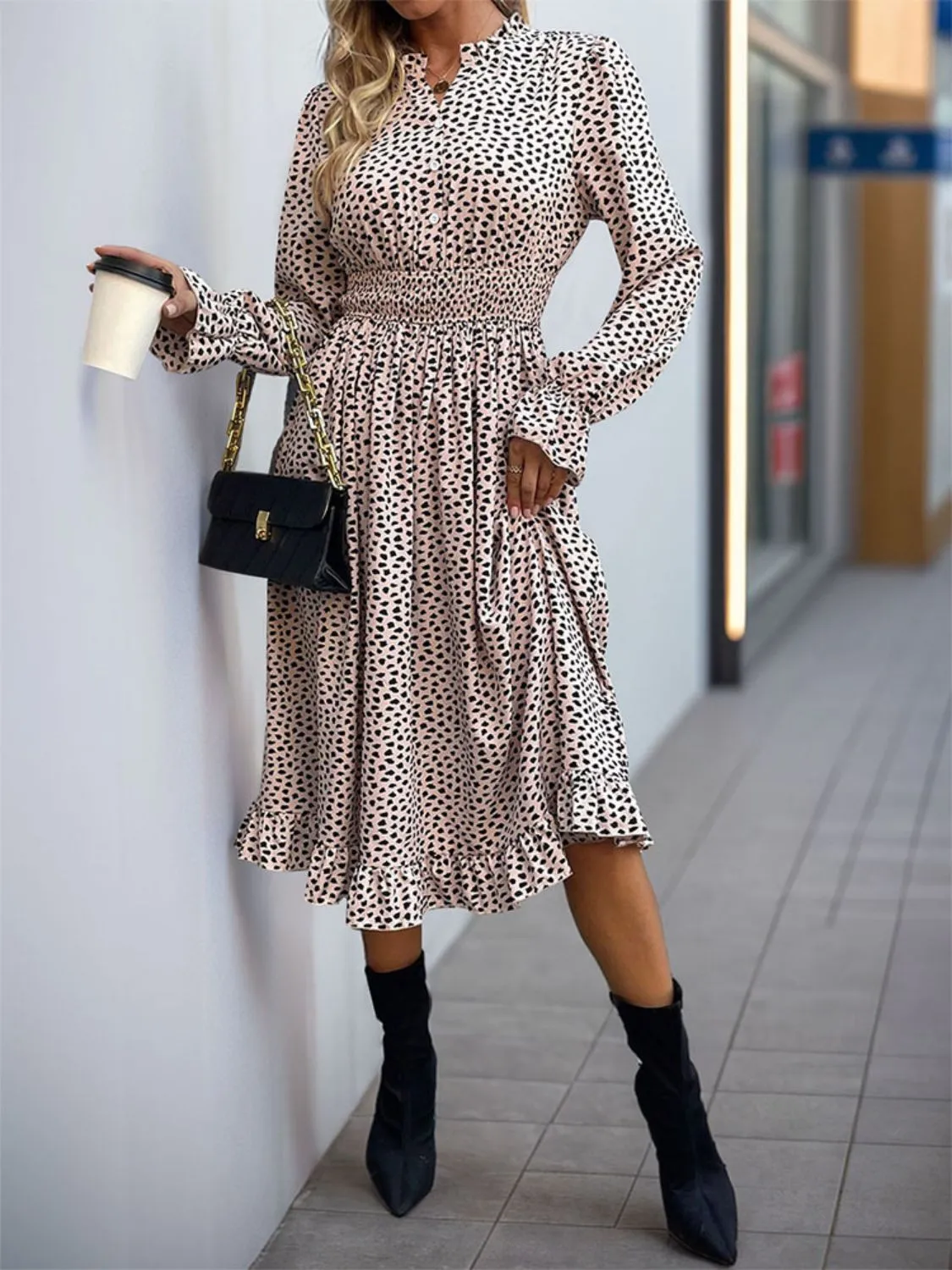 Ruched Ruffled Leopard Long Sleeve Dress