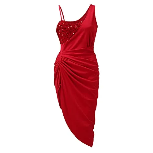 Sequin Evening Dress for Women Elegant Ruched Irregular Hem Party Dresses Tie Waist Side Slit Cocktail Dress(Black,Medium)