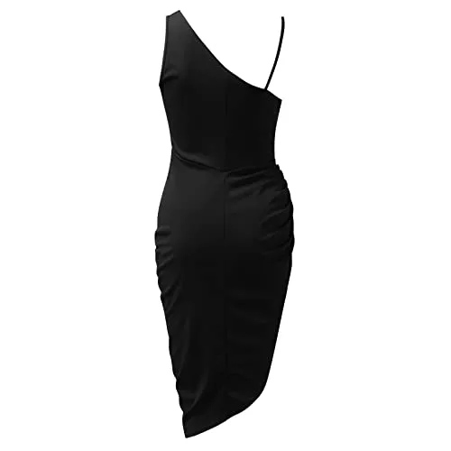 Sequin Evening Dress for Women Elegant Ruched Irregular Hem Party Dresses Tie Waist Side Slit Cocktail Dress(Black,Medium)
