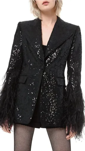 Shimmer Coat with feather detailings and a Plain Black Dress