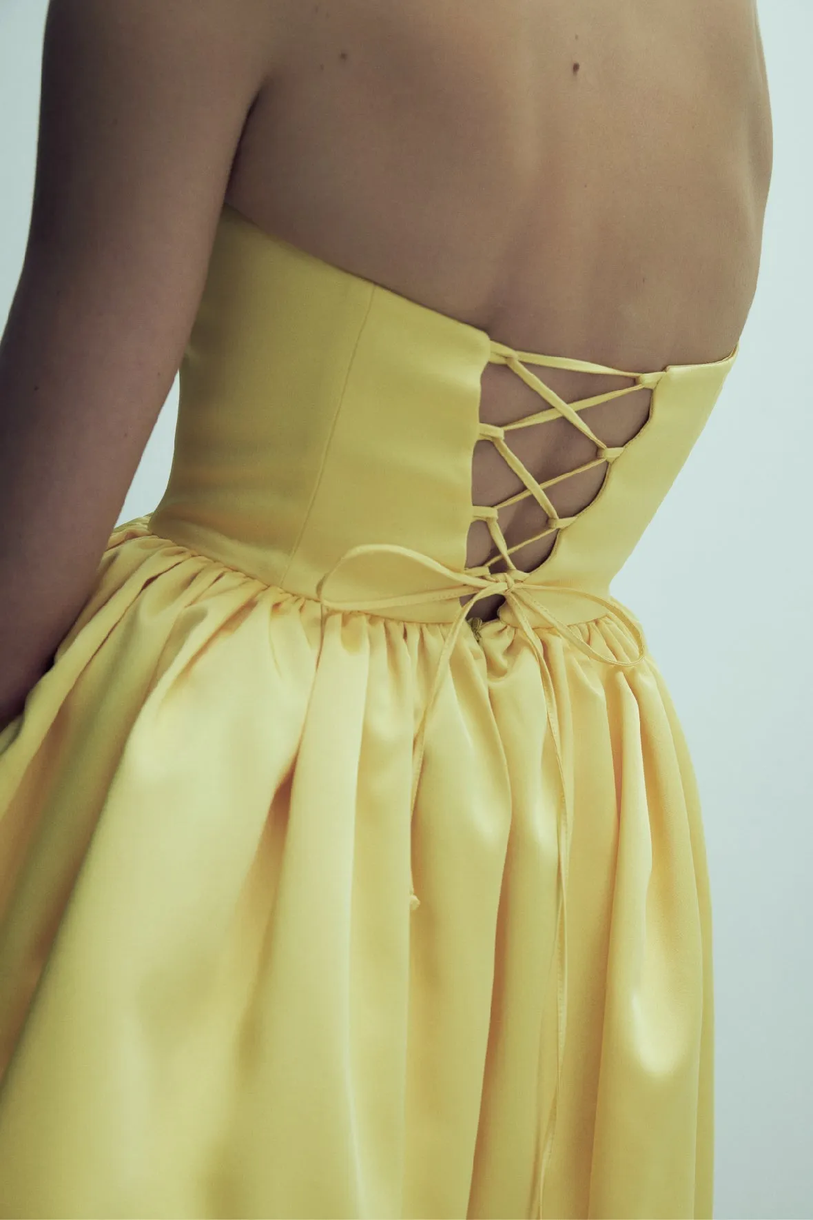 Sibby Strapless Satin Mini Dress in Marigold