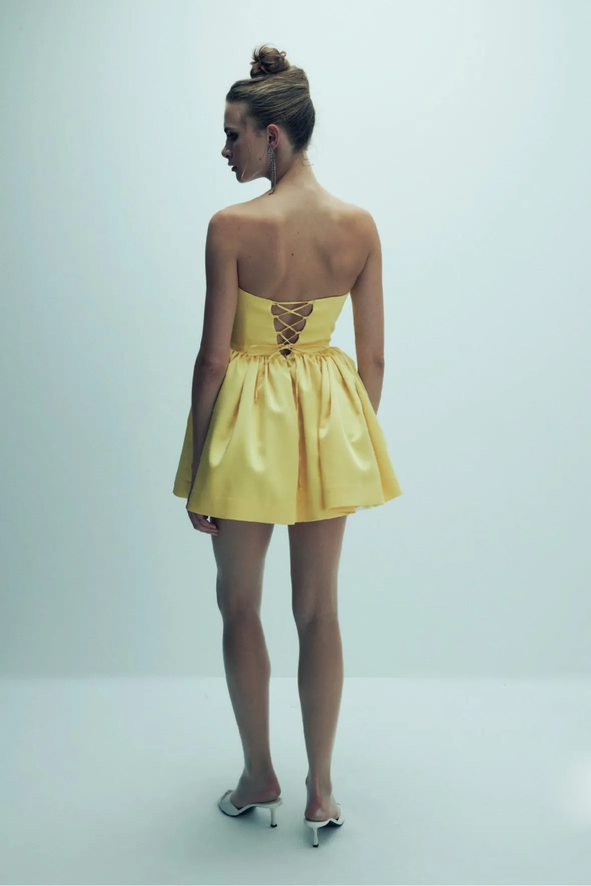 Sibby Strapless Satin Mini Dress in Marigold