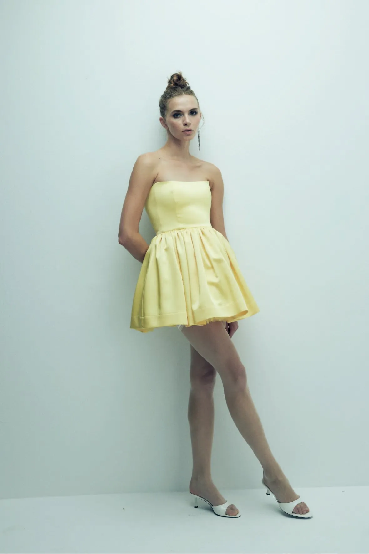 Sibby Strapless Satin Mini Dress in Marigold
