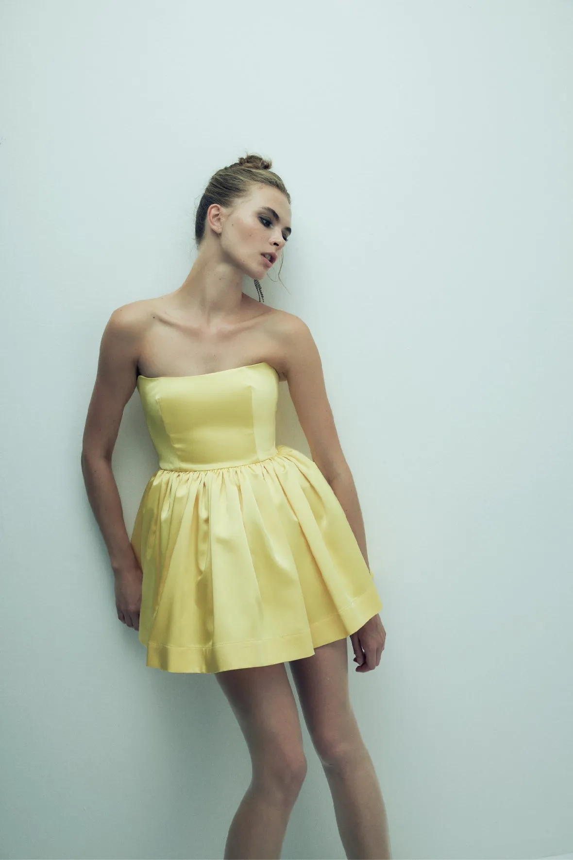 Sibby Strapless Satin Mini Dress in Marigold
