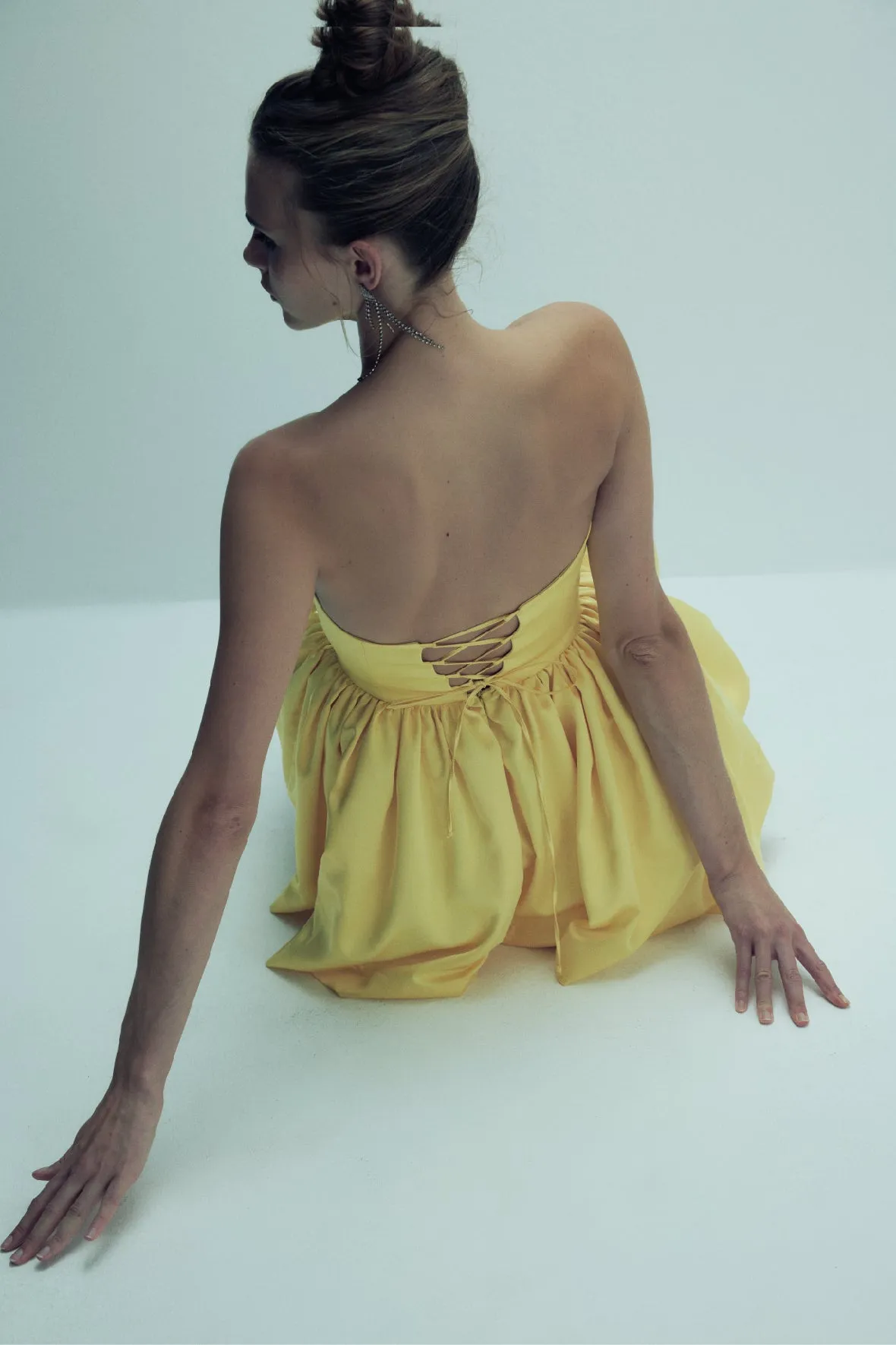 Sibby Strapless Satin Mini Dress in Marigold