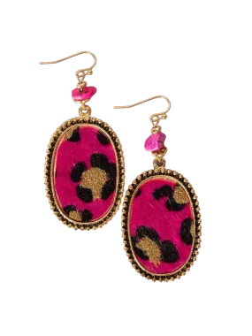 Southern Grace Women's Leopard Fuchsia Furry Stone Oval Earrings
