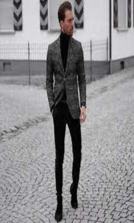 Suit And Turtleneck Combo - Turtleneck Prom Outfits - Prom Turtleneck Grey   Suit