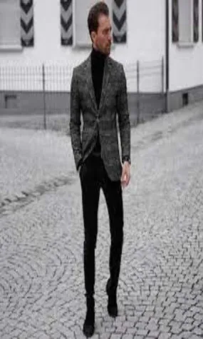 Suit And Turtleneck Combo - Turtleneck Prom Outfits - Prom Turtleneck Grey   Suit
