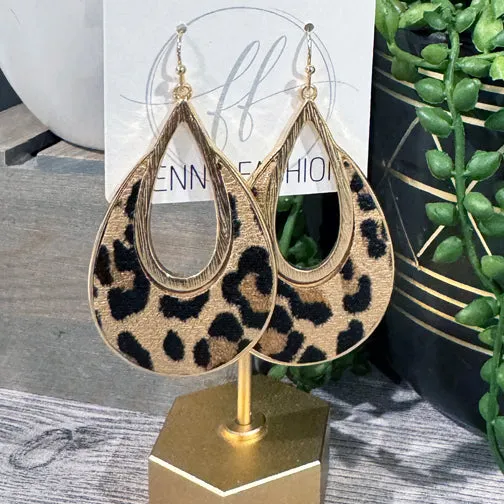 Tan Leopard Gold Drop Earrings