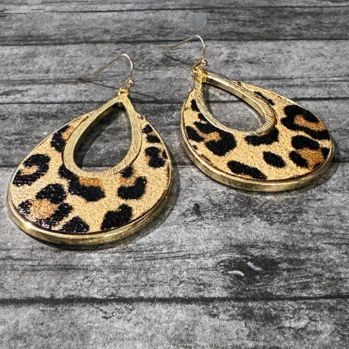 Tan Leopard Gold Drop Earrings