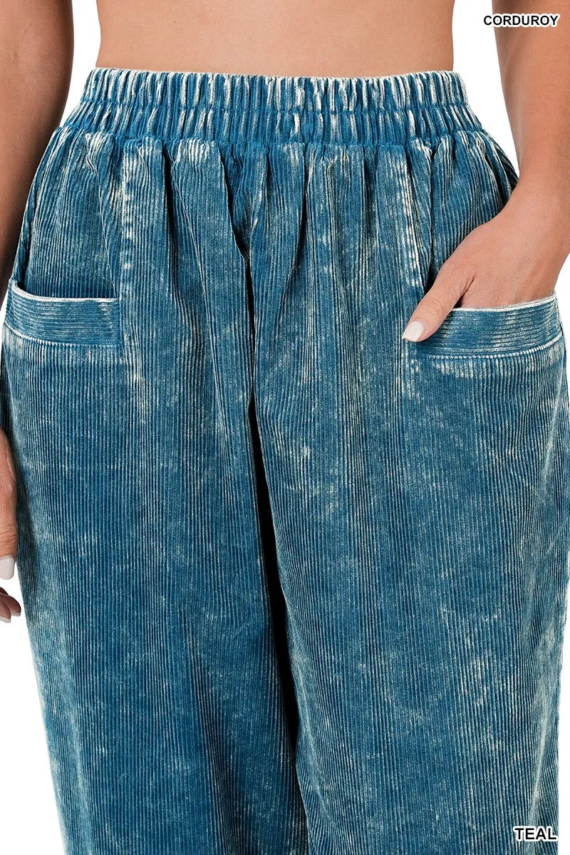 Teal Mineral Wash Corduroy Cropped Pants
