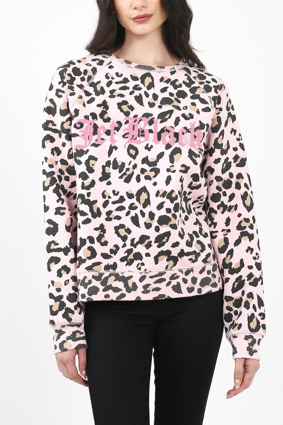 The "JET BLACK" Pink Leopard Middle Sister Crew Neck Sweatshirt