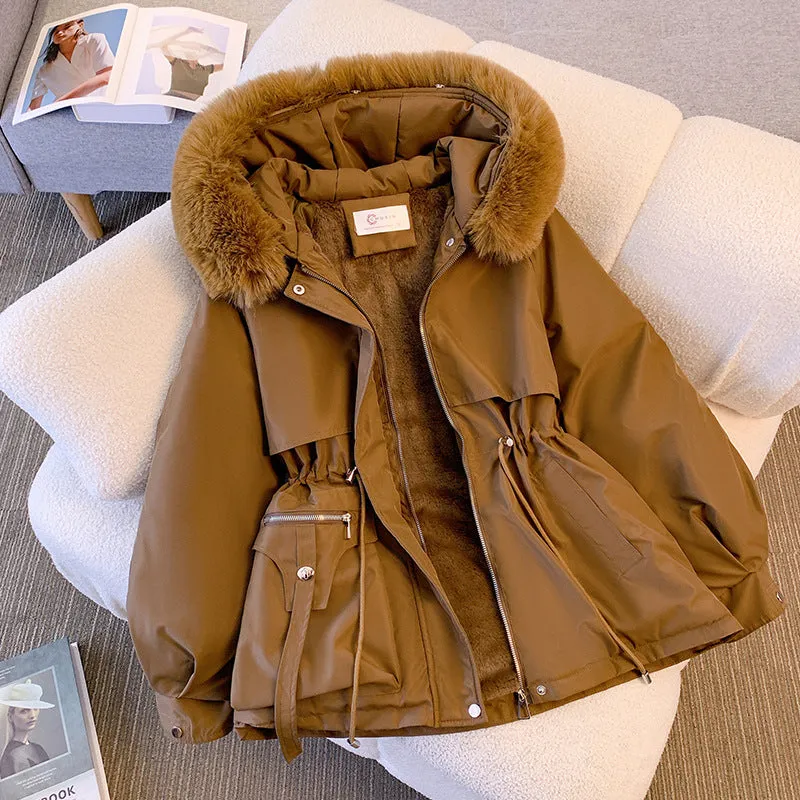 Thin Down Cotton Jacket with Thick Fur Hooded Collar