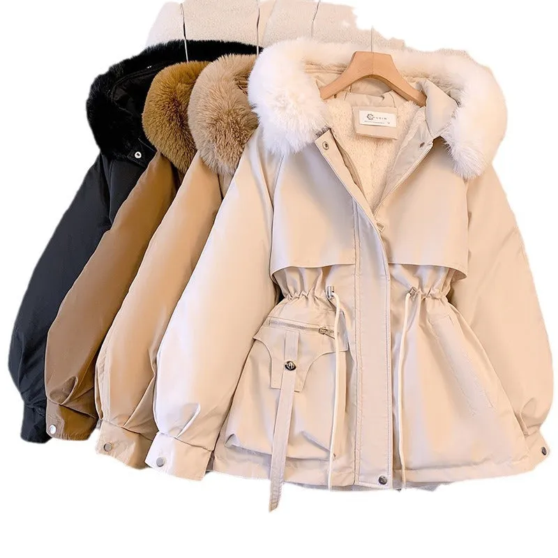 Thin Down Cotton Jacket with Thick Fur Hooded Collar