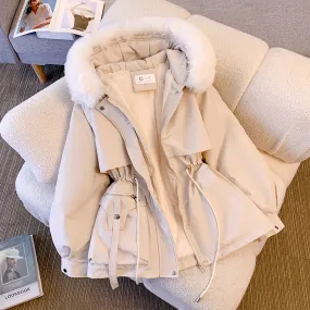 Thin Down Cotton Jacket with Thick Fur Hooded Collar
