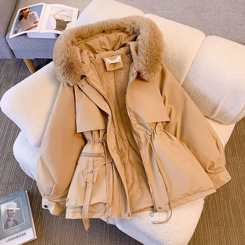 Thin Down Cotton Jacket with Thick Fur Hooded Collar