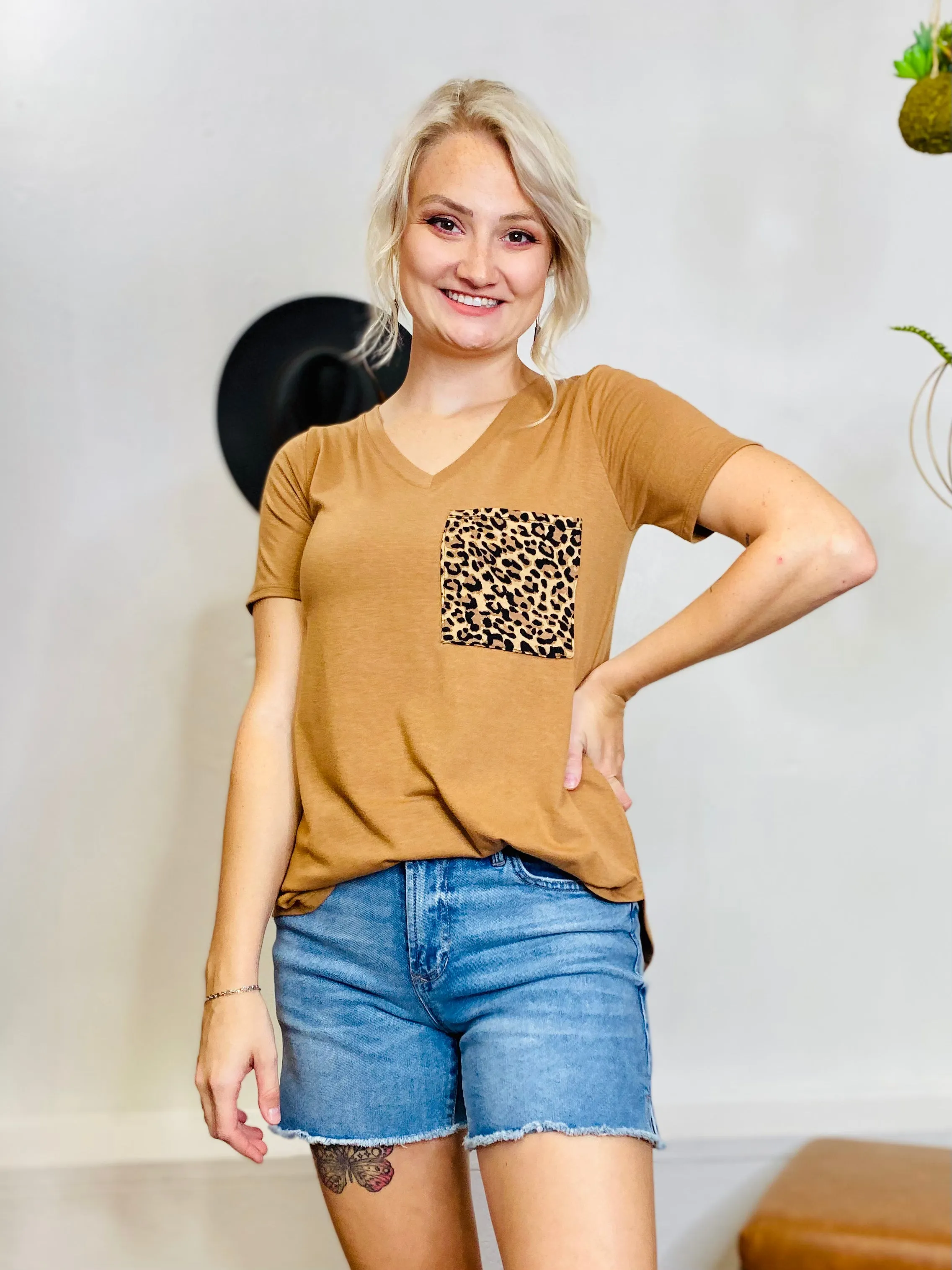 V Neck Leopard Pocket Tee