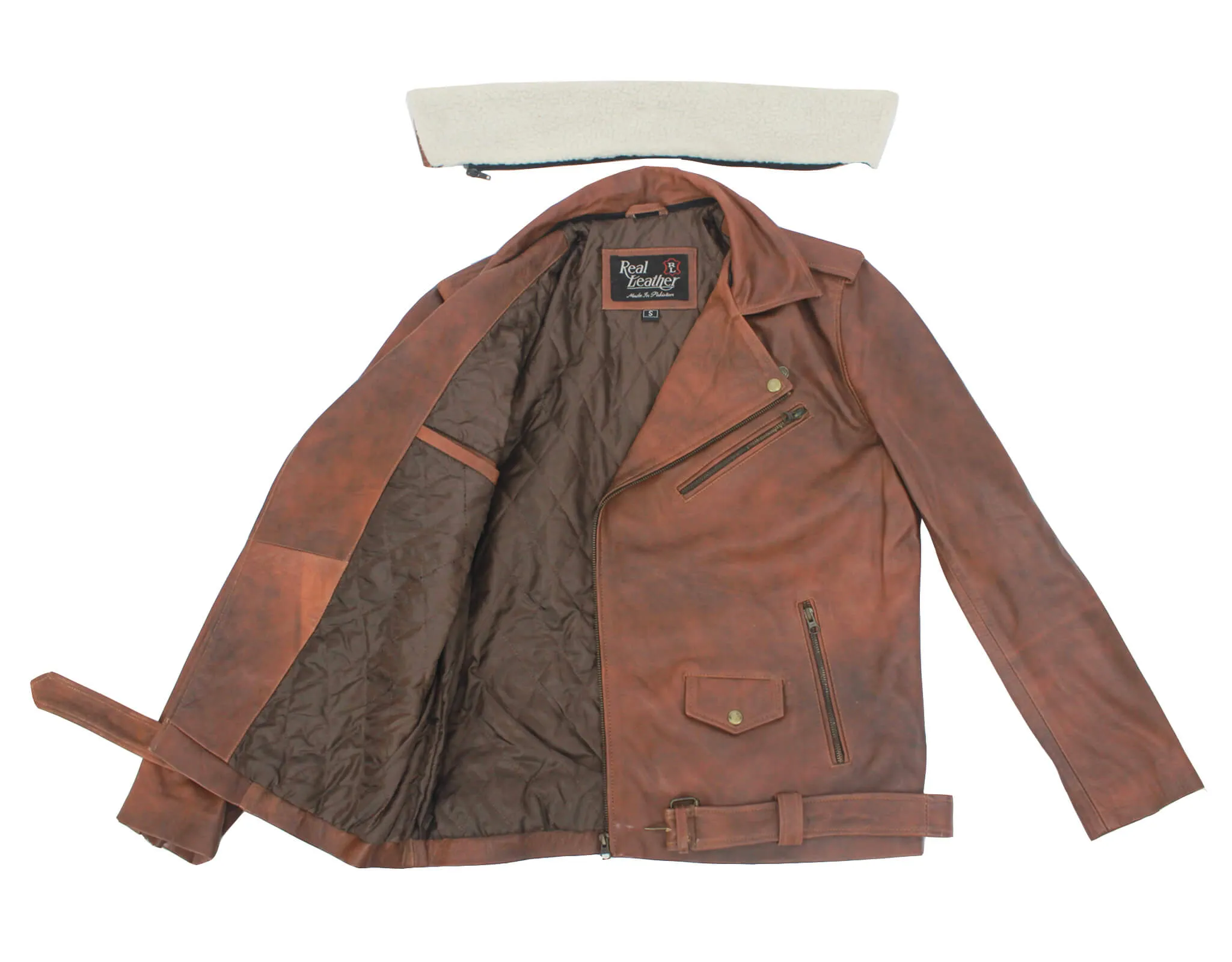 Vintage Brown Motorcycle Leather Jacket with Fur Collar