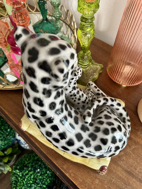 Vintage Leopard Statue, Figurine, Snow Leopards on Pillow, Fine Ceramic, Porcelain, Made in Italy